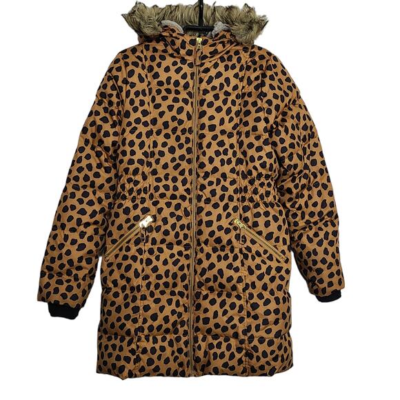 Girls Lands End Down Coat Parka Large 14 Brown Animal Print Cheetah - Picture 1 of 7